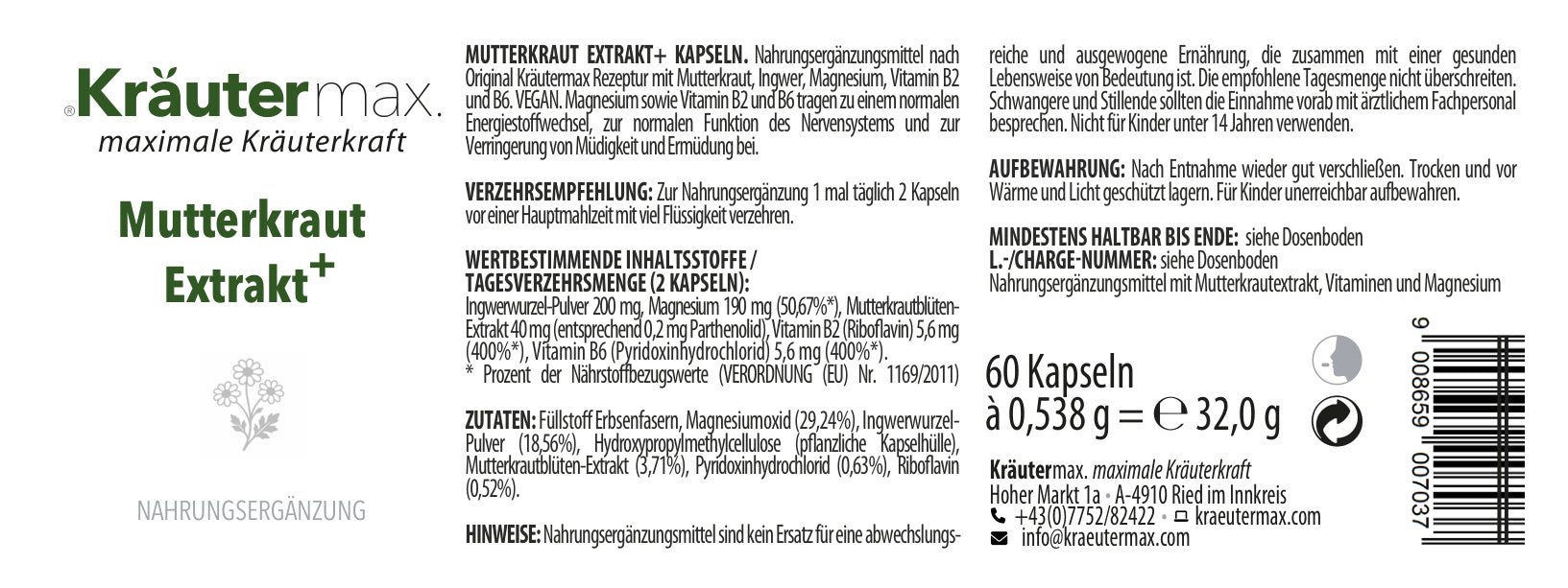 Mutterkraut Kapseln Kräutermax – Inhaltsstoffe und Anwendungshinweise
