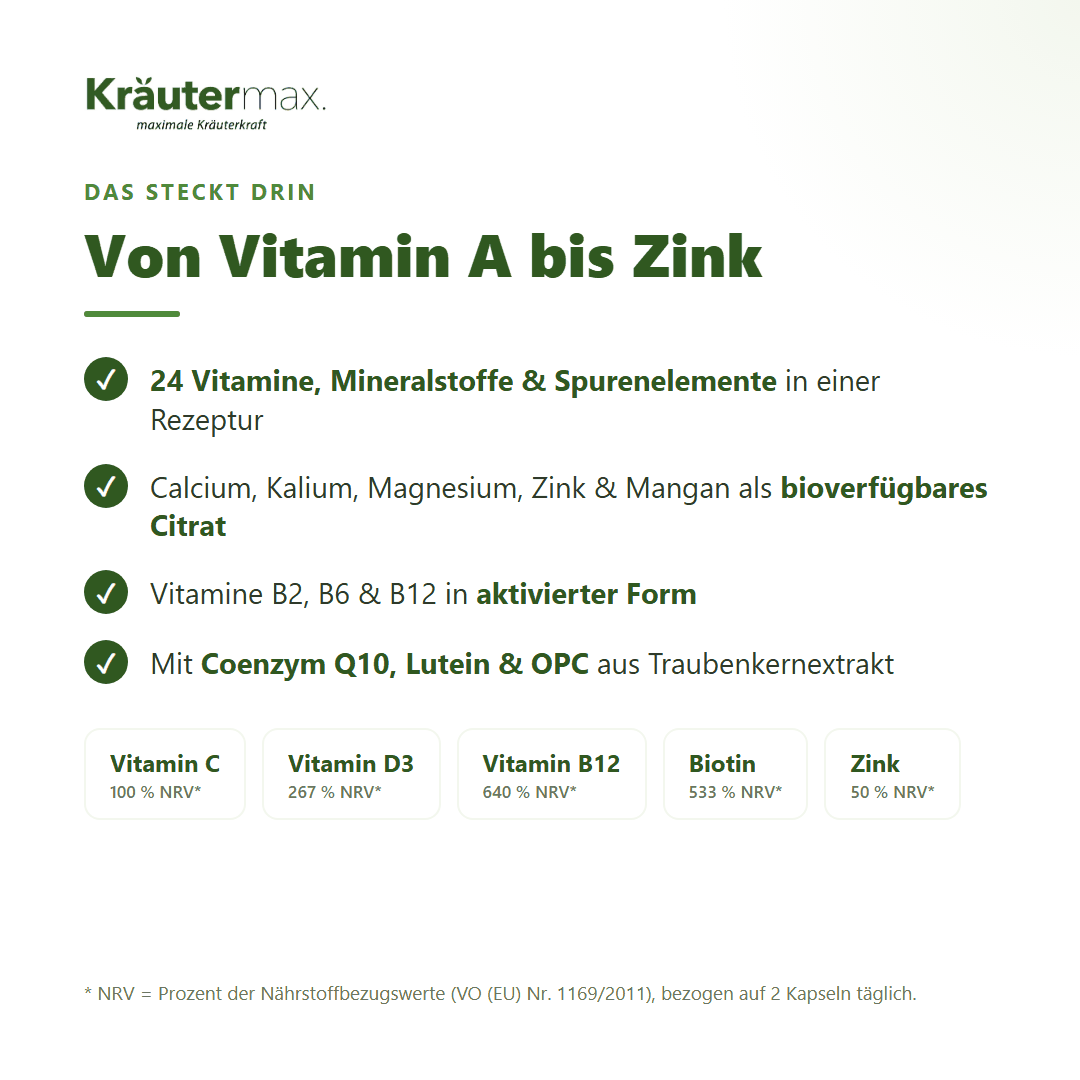 A bis Z Vitamine und Mineralstoffe Kapseln – Inhaltsstoffe von Vitamin A bis Zink, aktivierte Vitamine, bioverfügbares Citrat