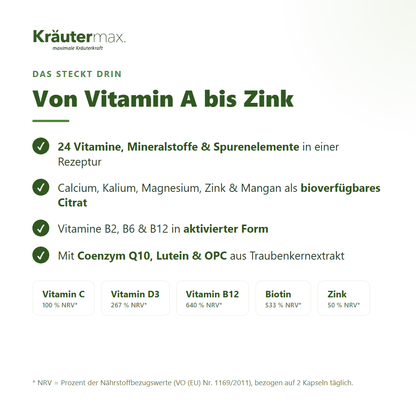 A bis Z Vitamine und Mineralstoffe Kapseln – Inhaltsstoffe von Vitamin A bis Zink, aktivierte Vitamine, bioverfügbares Citrat