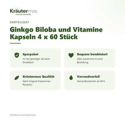 Ginkgo Biloba und Vitamine Kapseln 4 x 60 Stück von Kräutermax – Vorteilsset, im Set günstiger