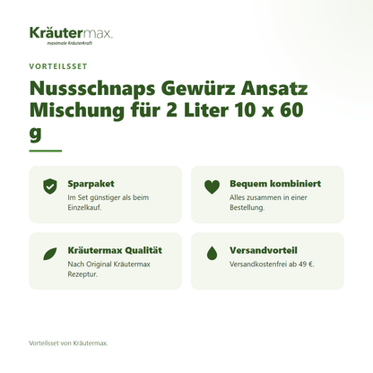 Nussschnaps Gewürz Ansatz Mischung für 2 Liter 10 x 60 g von Kräutermax – Vorteilsset, im Set günstiger