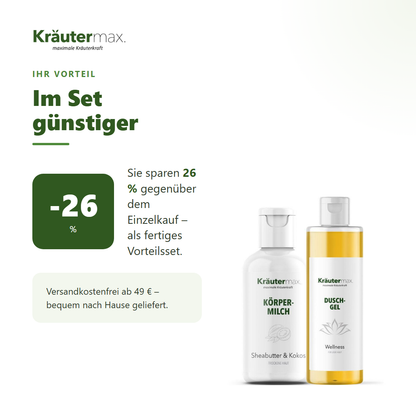 Duschgel Wellness 1 x 250 ml + Körpermilch Sheabutter & Kokos+ 1 x 250 ml – Ihr Vorteil: 26 % sparen gegenüber Einzelkauf