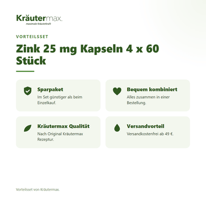 Zink 25 mg Kapseln 4 x 60 Stück von Kräutermax – Vorteilsset, im Set günstiger