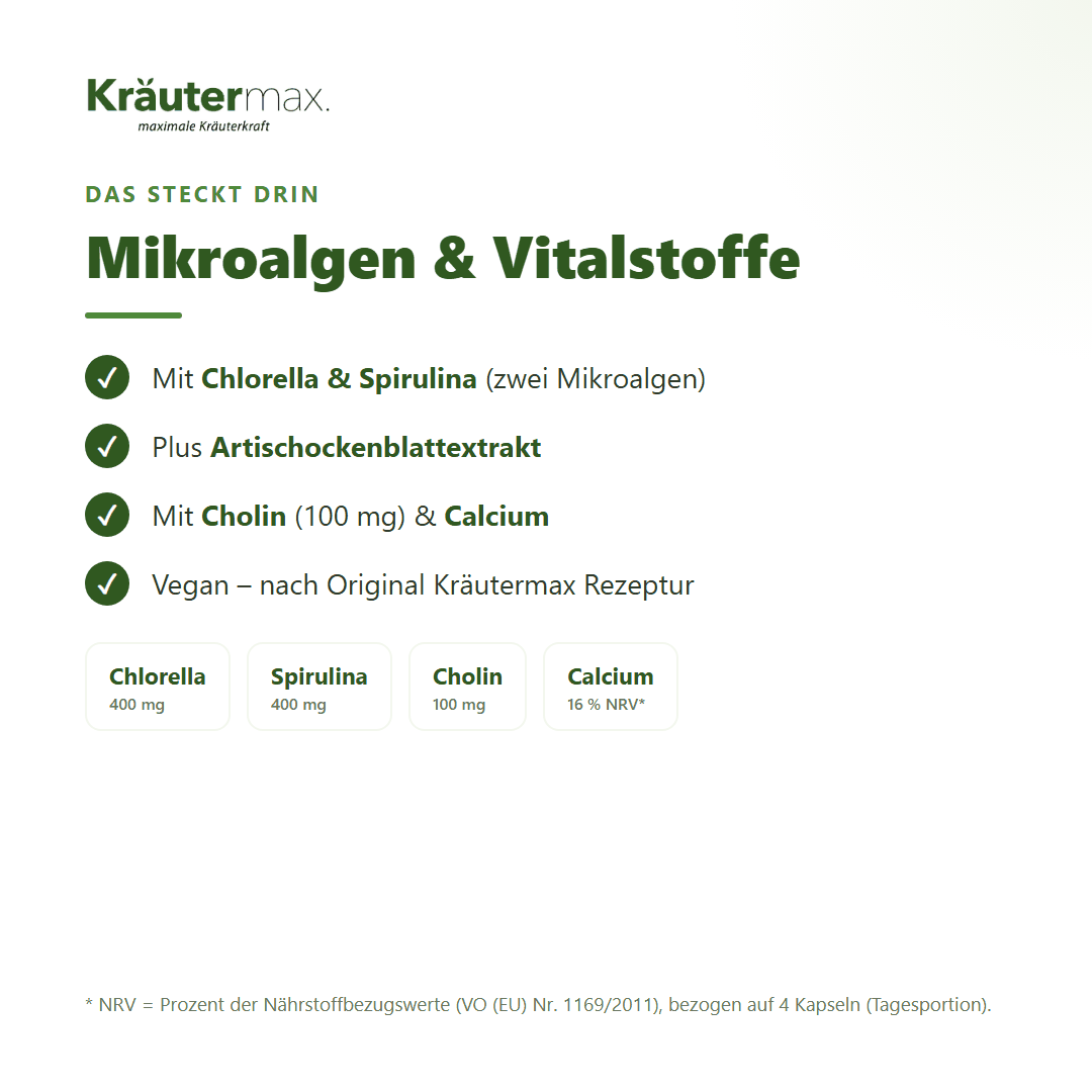 Algen Leber Komplex+ Kapseln – Chlorella, Spirulina, Artischocke, Cholin & Calcium