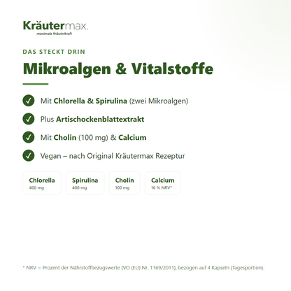 Algen Leber Komplex+ Kapseln – Chlorella, Spirulina, Artischocke, Cholin & Calcium