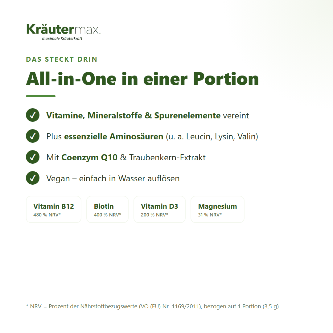 All in One Pulver – Vitamine, Mineralstoffe, Spurenelemente & Aminosäuren mit Coenzym Q10