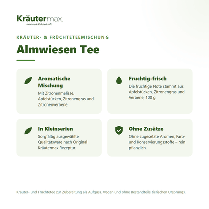 Almwiesen Tee – fruchtig-frische Kräuter- und Früchteteemischung mit Zitronenmelisse, Apfel und Zitronengras, vegan