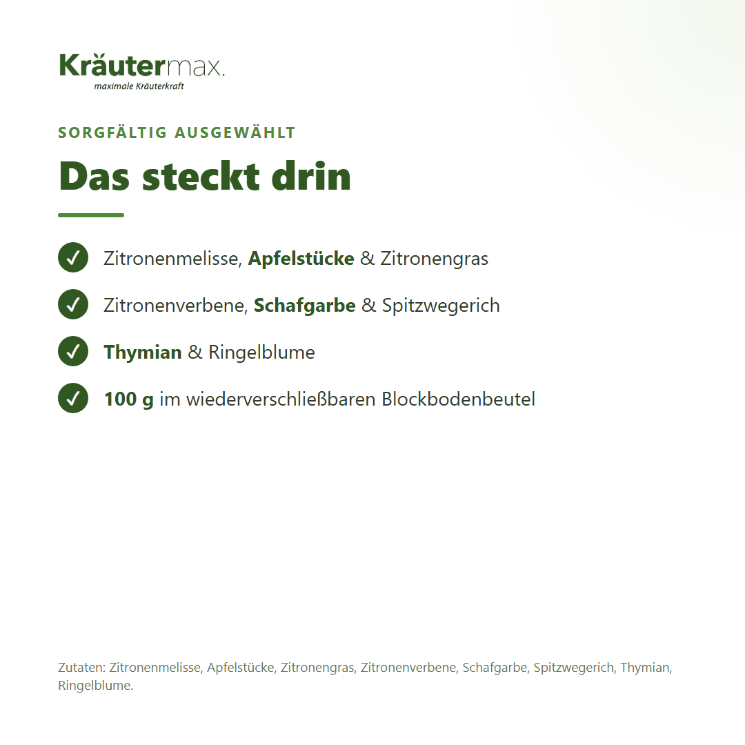 Almwiesen Tee – Zutaten: Zitronenmelisse, Apfelstücke, Zitronengras, Zitronenverbene, Schafgarbe, Spitzwegerich, Thymian, Ringelblume