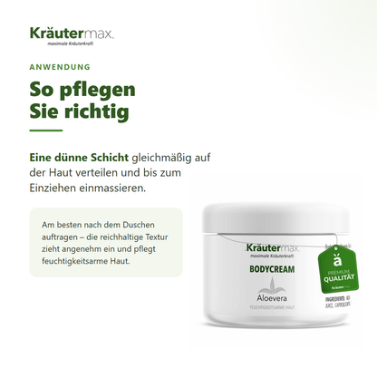 Aloe Vera Bodycream – Anwendung: dünne Schicht auf der Haut verteilen und einmassieren