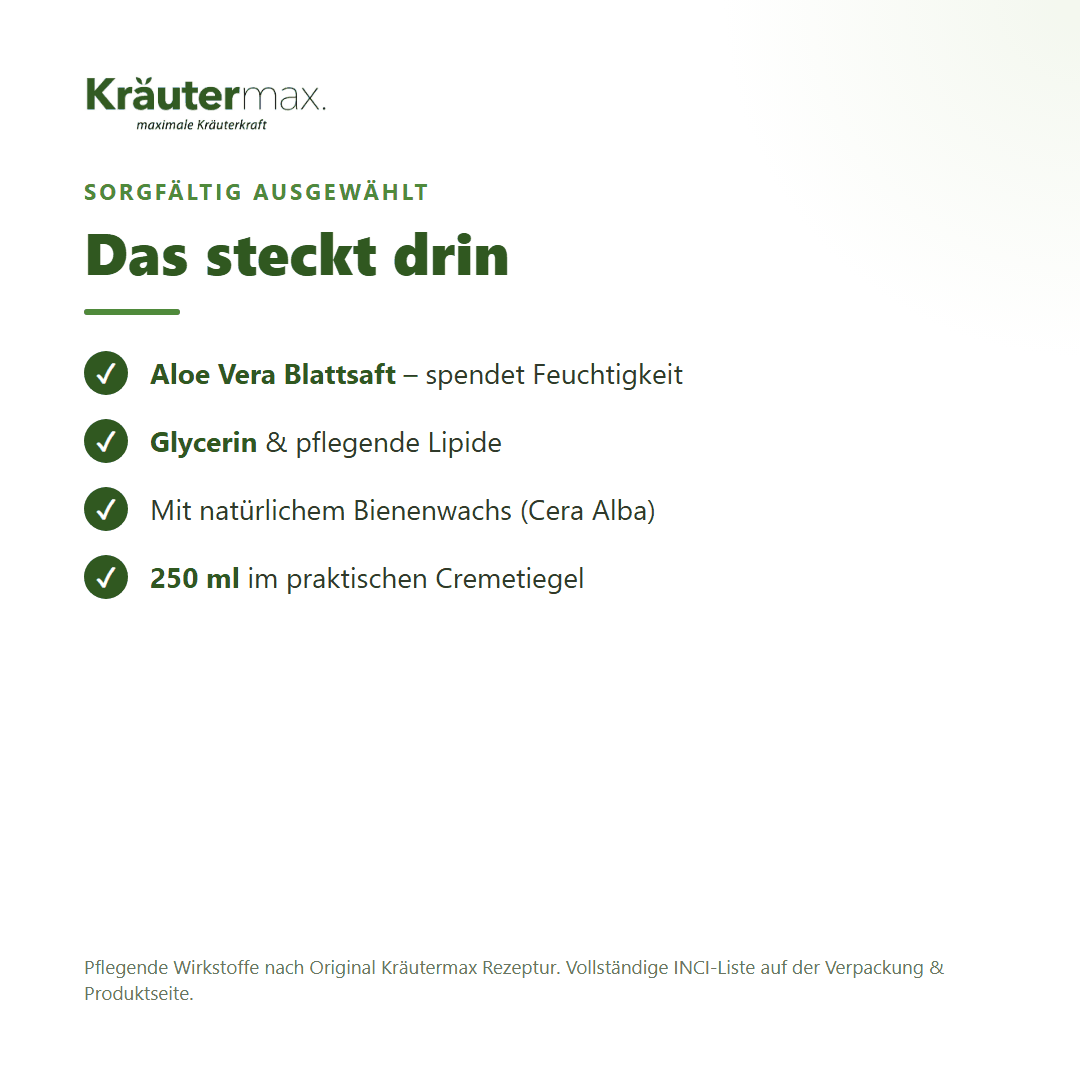 Aloe Vera Bodycream – Inhaltsstoffe: Aloe Vera Blattsaft, Glycerin, Bienenwachs, 250 ml im Cremetiegel