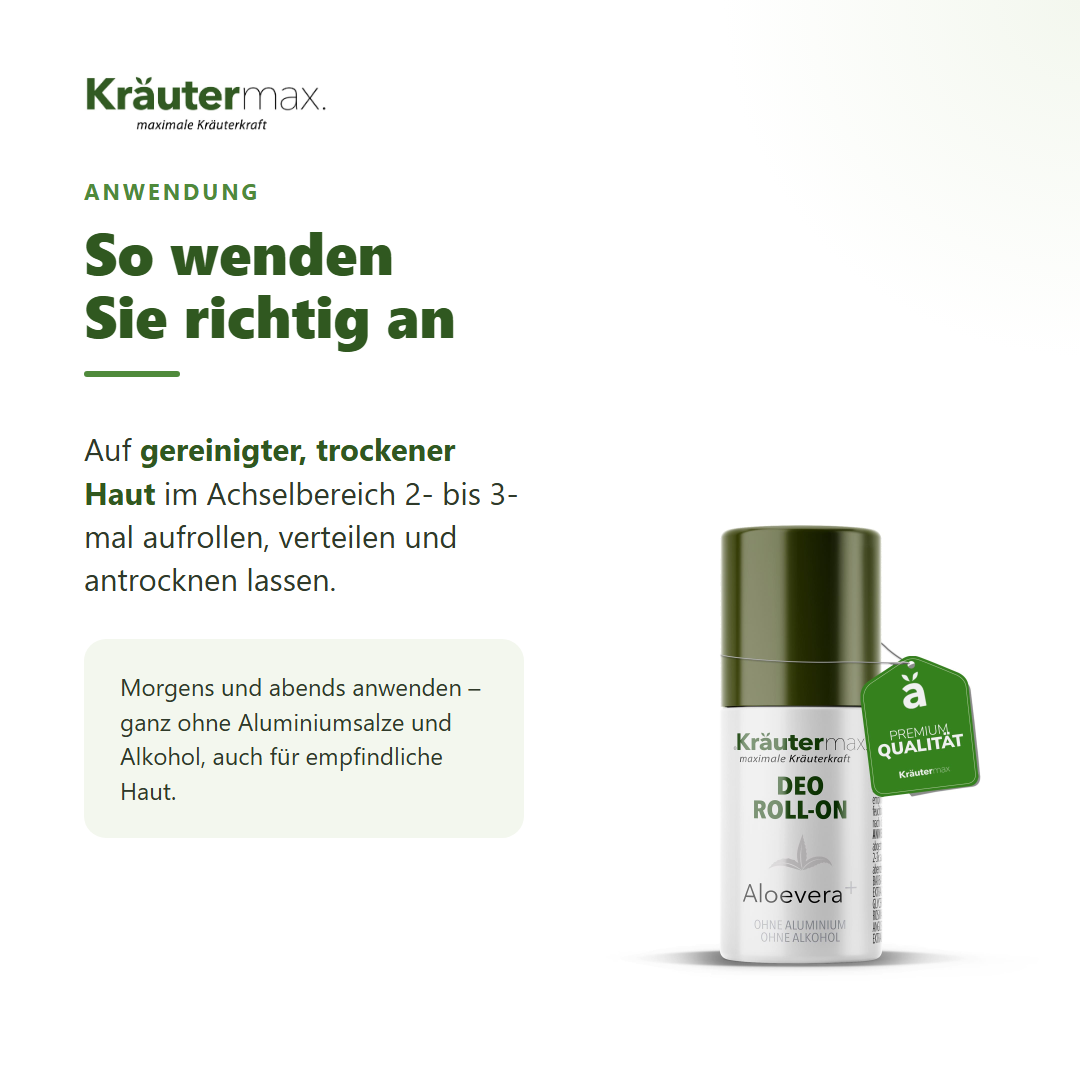Aloe Vera Deo Roll-On – Anwendung: auf gereinigter Haut im Achselbereich aufrollen