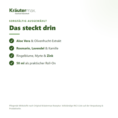 Aloe Vera Deo Roll-On – Inhaltsstoffe: Aloe Vera, Olive, Rosmarin, Lavendel, Kamille, Ringelblume, Myrte, Zink