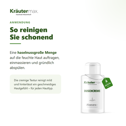 Aloe Vera Duschcreme – Anwendung: haselnussgroße Menge auf feuchte Haut, einmassieren, abspülen