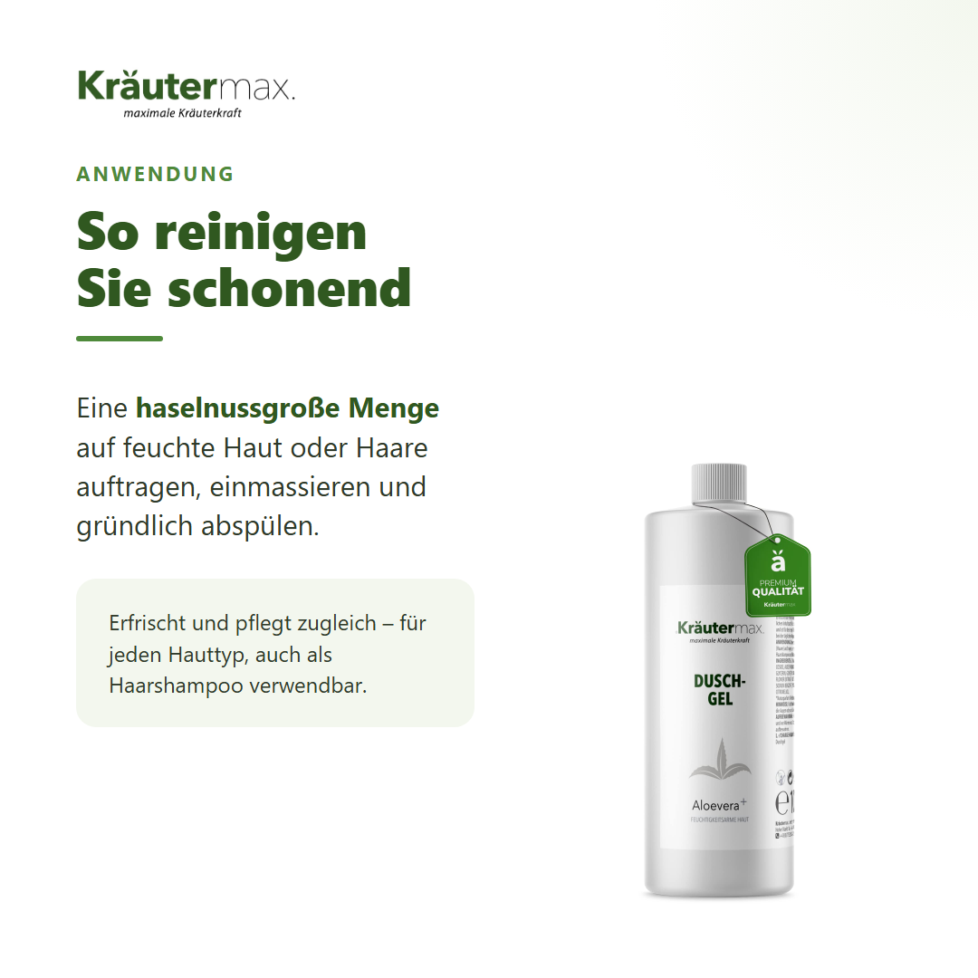Aloe Vera Duschgel – Anwendung: haselnussgroße Menge auf feuchte Haut oder Haare, einmassieren, abspülen
