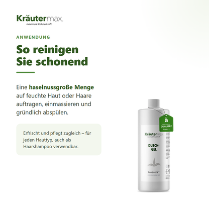 Aloe Vera Duschgel – Anwendung: haselnussgroße Menge auf feuchte Haut oder Haare, einmassieren, abspülen