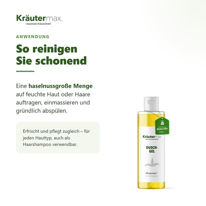 Aloe Vera Duschgel – Anwendung: haselnussgroße Menge auf feuchte Haut oder Haare, einmassieren, abspülen