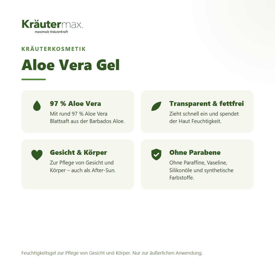 Aloe Vera Gel von Kräutermax – Überblick: ca. 97 % Aloe Vera Blattsaft, transparent und fettfrei, 200 ml