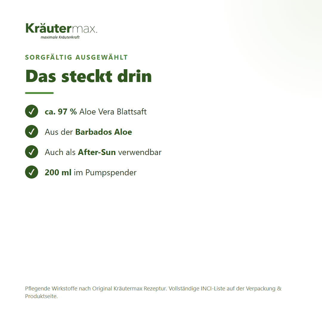 Aloe Vera Gel – Inhaltsstoffe: ca. 97 % Aloe Vera Blattsaft aus der Barbados Aloe, 200 ml Pumpspender