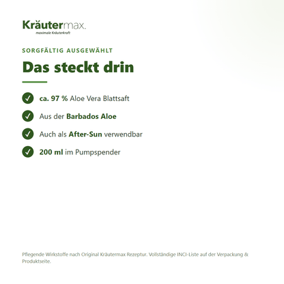 Aloe Vera Gel – Inhaltsstoffe: ca. 97 % Aloe Vera Blattsaft aus der Barbados Aloe, 200 ml Pumpspender