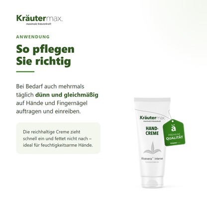 Aloe Vera Handcreme – Anwendung: dünn und gleichmäßig auf Hände und Fingernägel auftragen