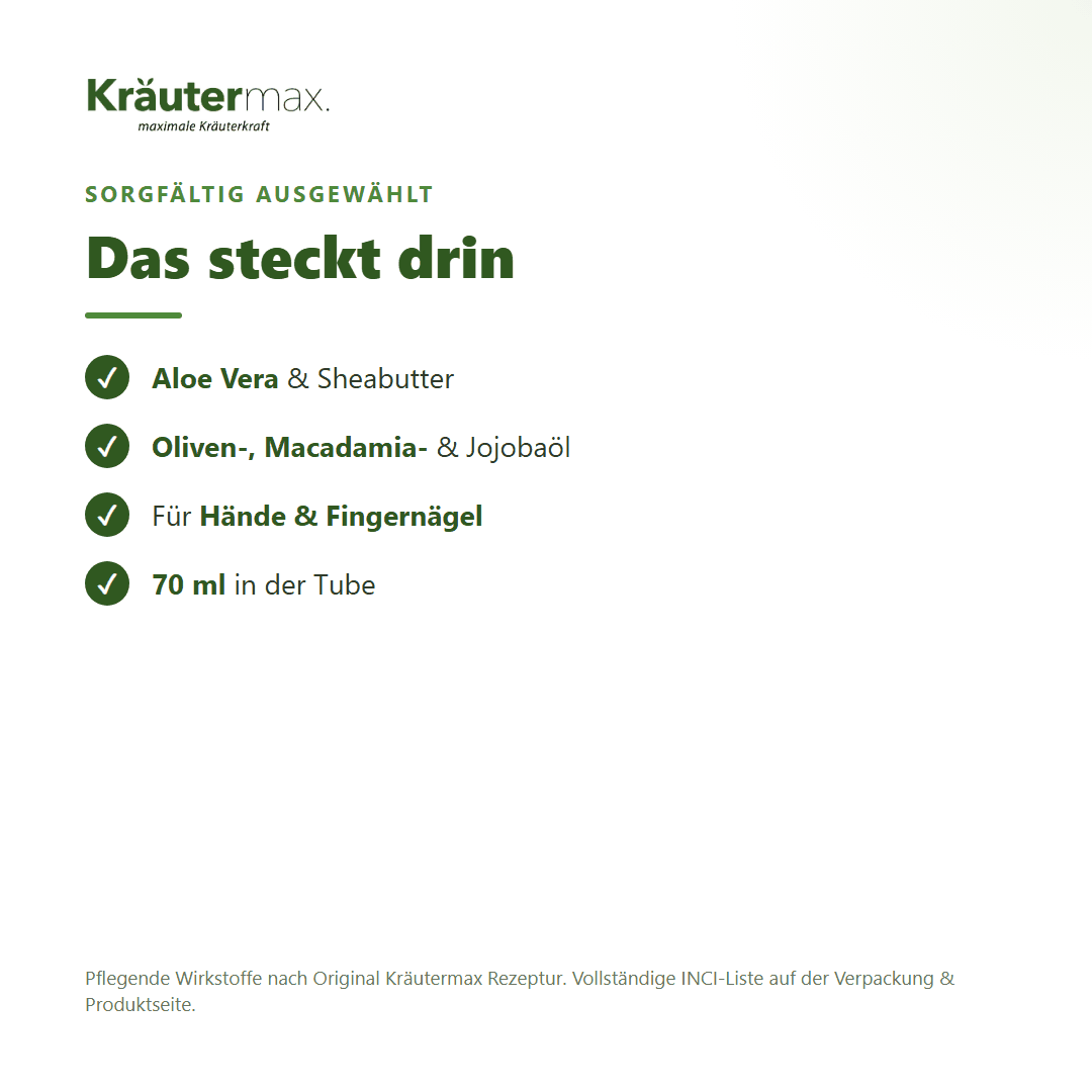 Aloe Vera Handcreme – Inhaltsstoffe: Aloe Vera, Sheabutter, Oliven-, Macadamia- und Jojobaöl, 70 ml Tube