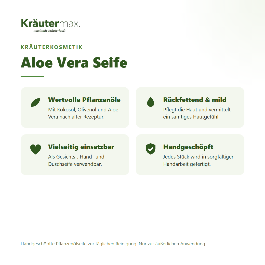 Aloe Vera Seife von Kräutermax – Überblick: handgeschöpfte Pflanzenölseife mit Kokos-, Olivenöl und Aloe Vera, 100 g