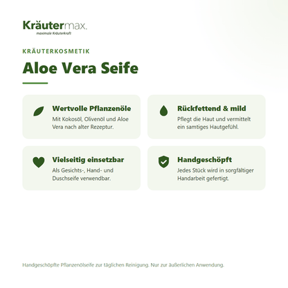 Aloe Vera Seife von Kräutermax – Überblick: handgeschöpfte Pflanzenölseife mit Kokos-, Olivenöl und Aloe Vera, 100 g