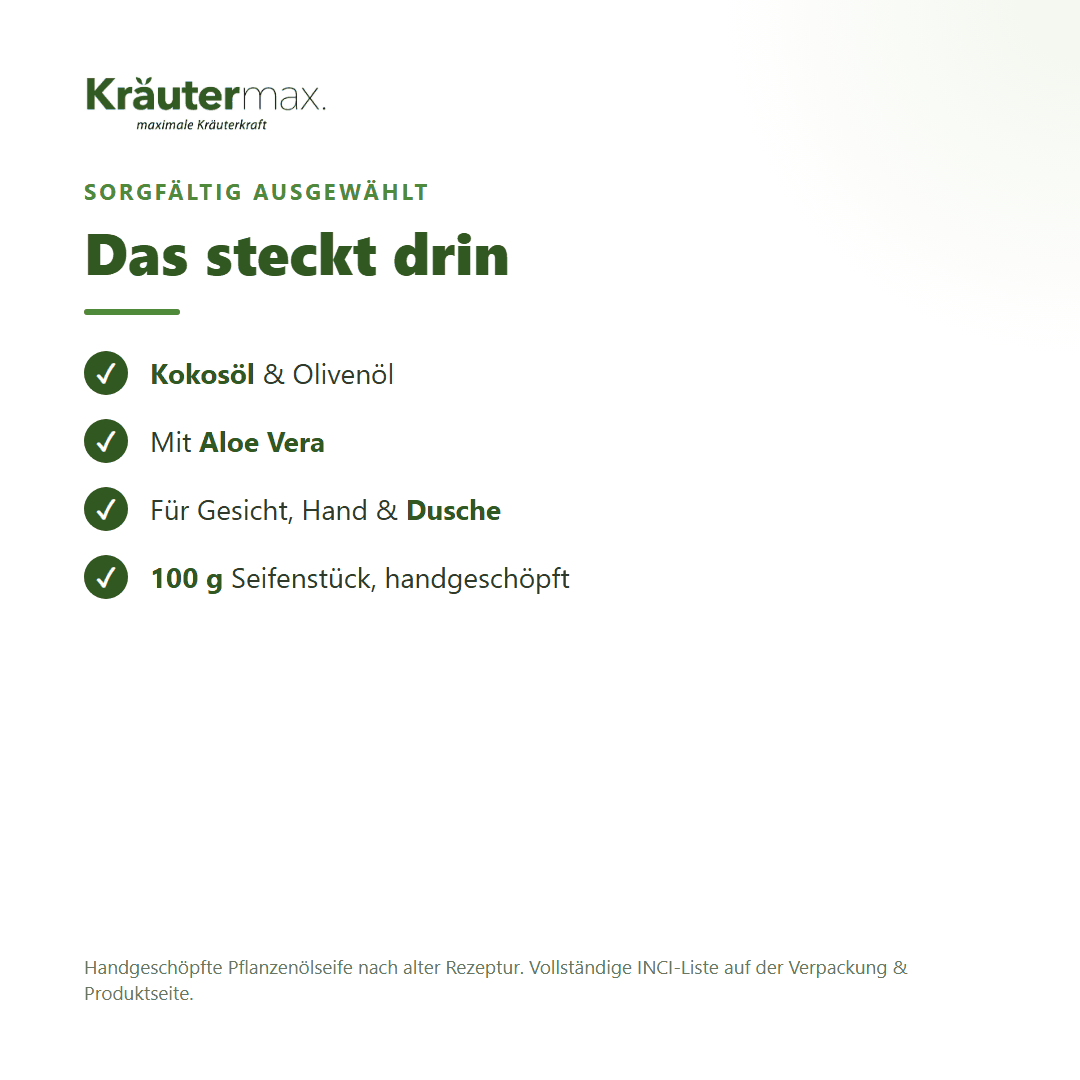 Aloe Vera Seife – Inhaltsstoffe: Kokosöl, Olivenöl, Aloe Vera, 100 g Seifenstück