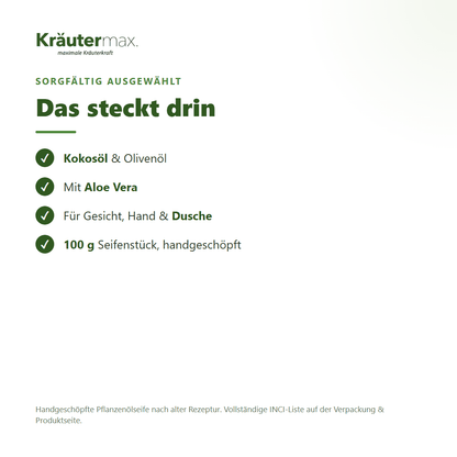 Aloe Vera Seife – Inhaltsstoffe: Kokosöl, Olivenöl, Aloe Vera, 100 g Seifenstück