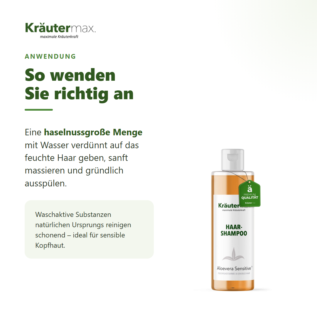 Aloe Vera Shampoo – Anwendung: haselnussgroße Menge auf feuchtes Haar, massieren, ausspülen