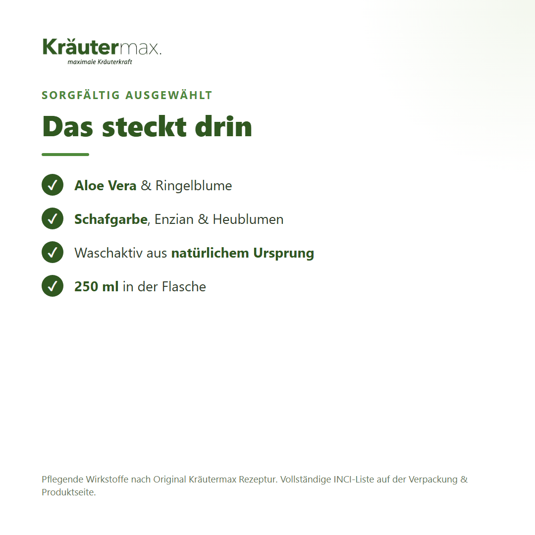 Aloe Vera Shampoo – Inhaltsstoffe: Aloe Vera, Ringelblume, Schafgarbe, Enzian, Heublumen, 250 ml