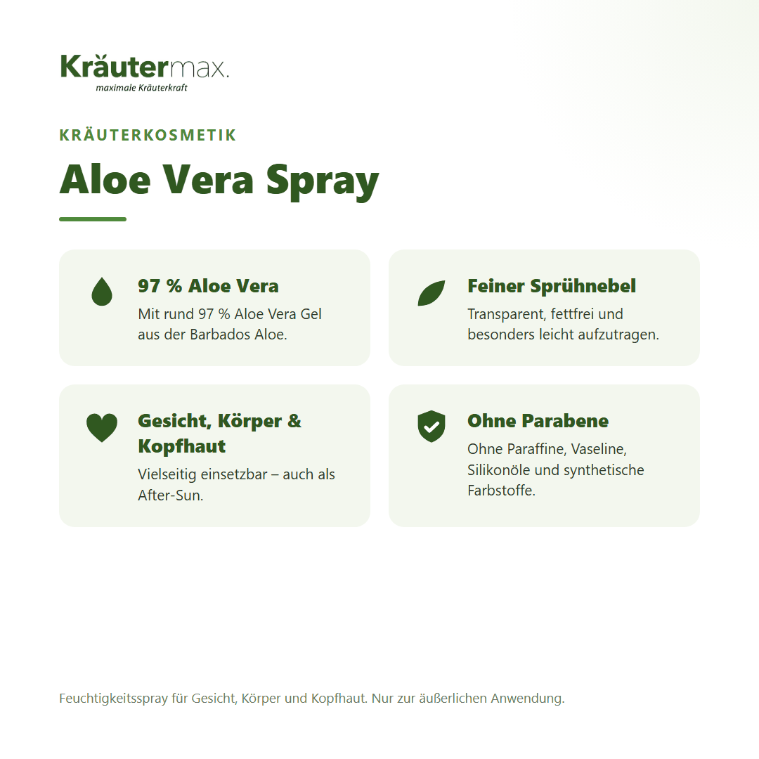Aloe Vera Spray von Kräutermax – Überblick: ca. 97 % Aloe Vera Gel, feiner Sprühnebel, 100 ml