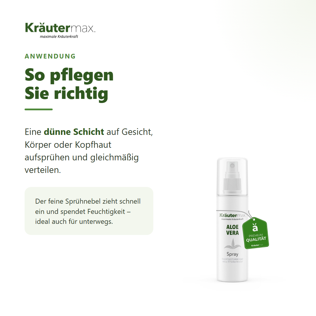 Aloe Vera Spray – Anwendung: dünne Schicht auf Gesicht, Körper oder Kopfhaut aufsprühen