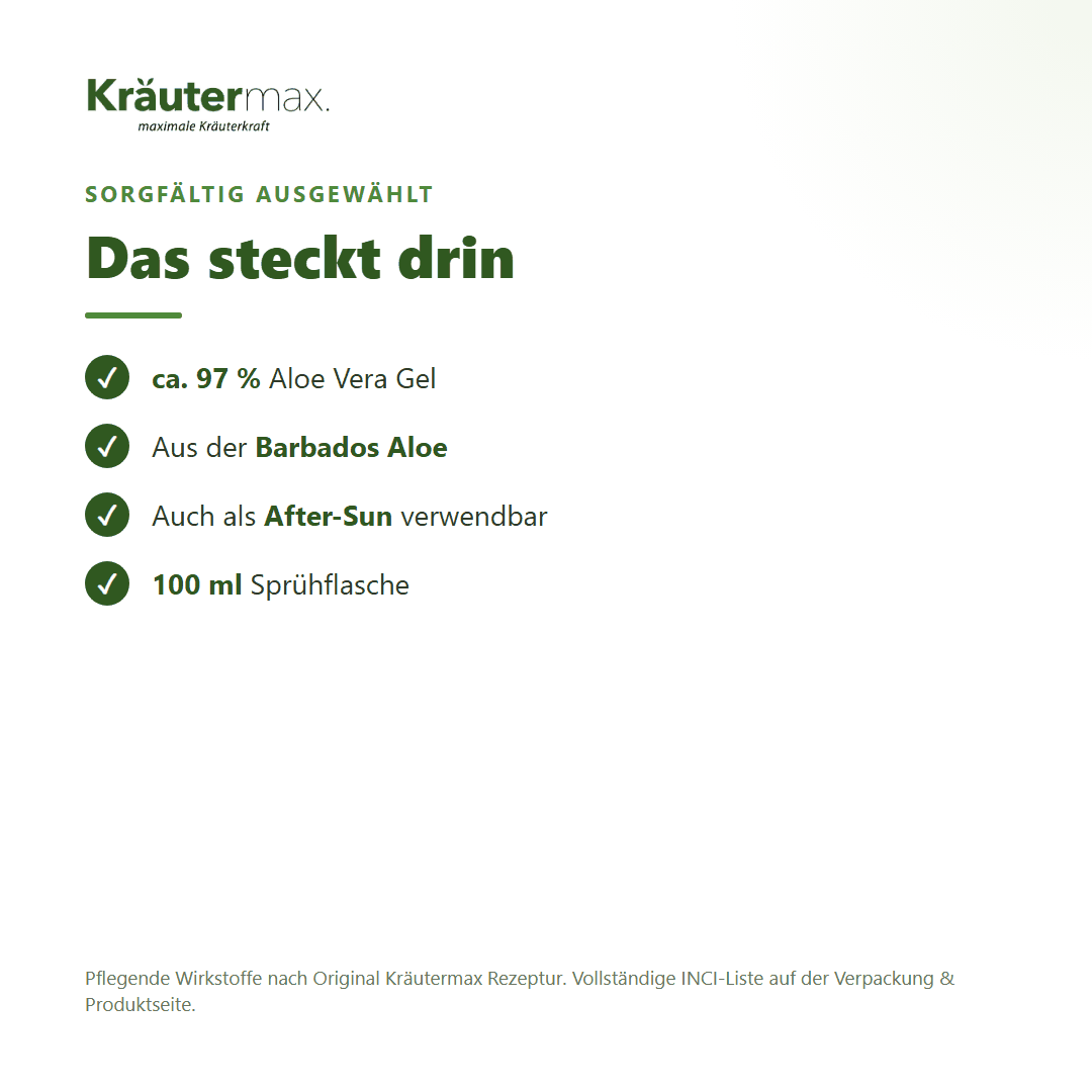 Aloe Vera Spray – Inhaltsstoffe: ca. 97 % Aloe Vera Gel aus der Barbados Aloe, 100 ml Sprühflasche