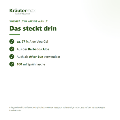 Aloe Vera Spray – Inhaltsstoffe: ca. 97 % Aloe Vera Gel aus der Barbados Aloe, 100 ml Sprühflasche
