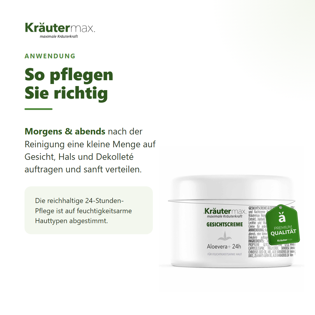 Aloevera Gesichtscreme – Anwendung: morgens und abends auf Gesicht, Hals und Dekolleté auftragen