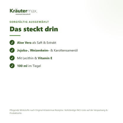 Aloevera Gesichtscreme – Inhaltsstoffe: Aloe Vera, Jojoba-, Weizenkeim-, Karottensamenöl, Vitamin E, 100 ml Tiegel