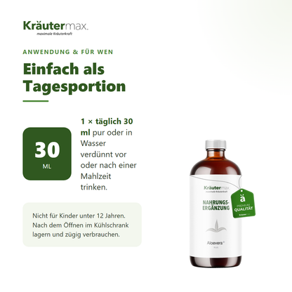 Aloevera Saft – Anwendung: 1 mal täglich 30 ml pur oder verdünnt trinken
