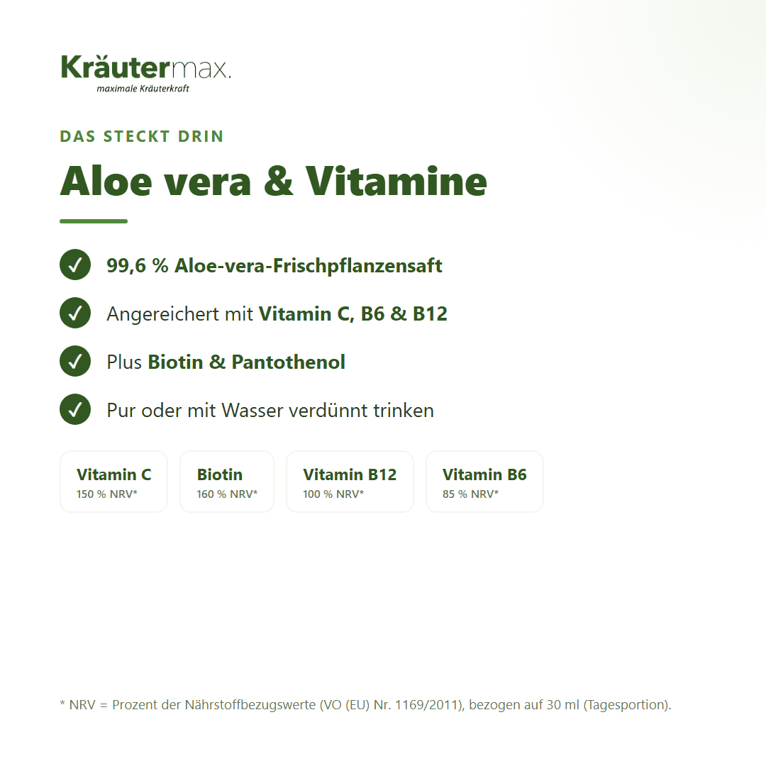 Aloevera Saft – 99,6 % Aloe-vera-Frischpflanzensaft mit Vitamin C, B6, B12, Biotin