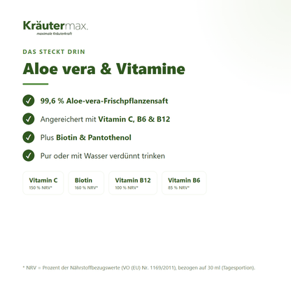 Aloevera Saft – 99,6 % Aloe-vera-Frischpflanzensaft mit Vitamin C, B6, B12, Biotin