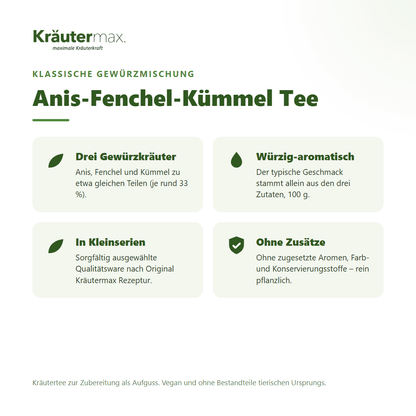 Anis-Fenchel-Kümmel Tee von Kräutermax – klassische Mischung aus Anis, Fenchel und Kümmel zu gleichen Teilen, 100 g loser Kräutertee