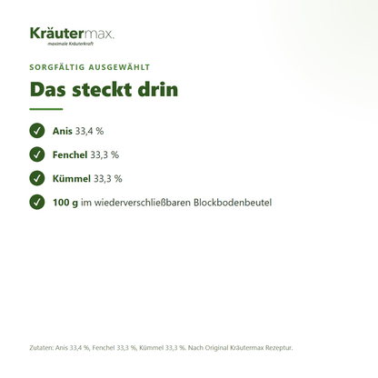 Zutaten des Anis-Fenchel-Kümmel Tees: Anis 33,4 %, Fenchel 33,3 %, Kümmel 33,3 % – nach Original Kräutermax Rezeptur