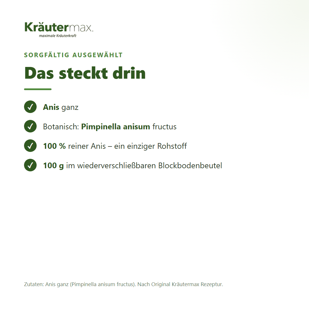 Anis Tee – Zutaten: Anis ganz (Pimpinella anisum fructus), 100 g im Blockbodenbeutel