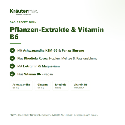 Antistress Kapseln – mit Ashwagandha KSM-66, Ginseng, Rhodiola, Magnesium & Vitamin B6