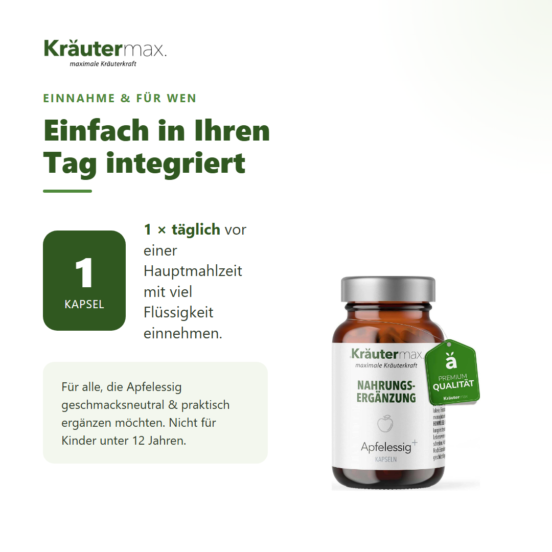 Apfelessig Kapseln – Einnahme: 1 mal täglich 1 Kapsel vor einer Hauptmahlzeit