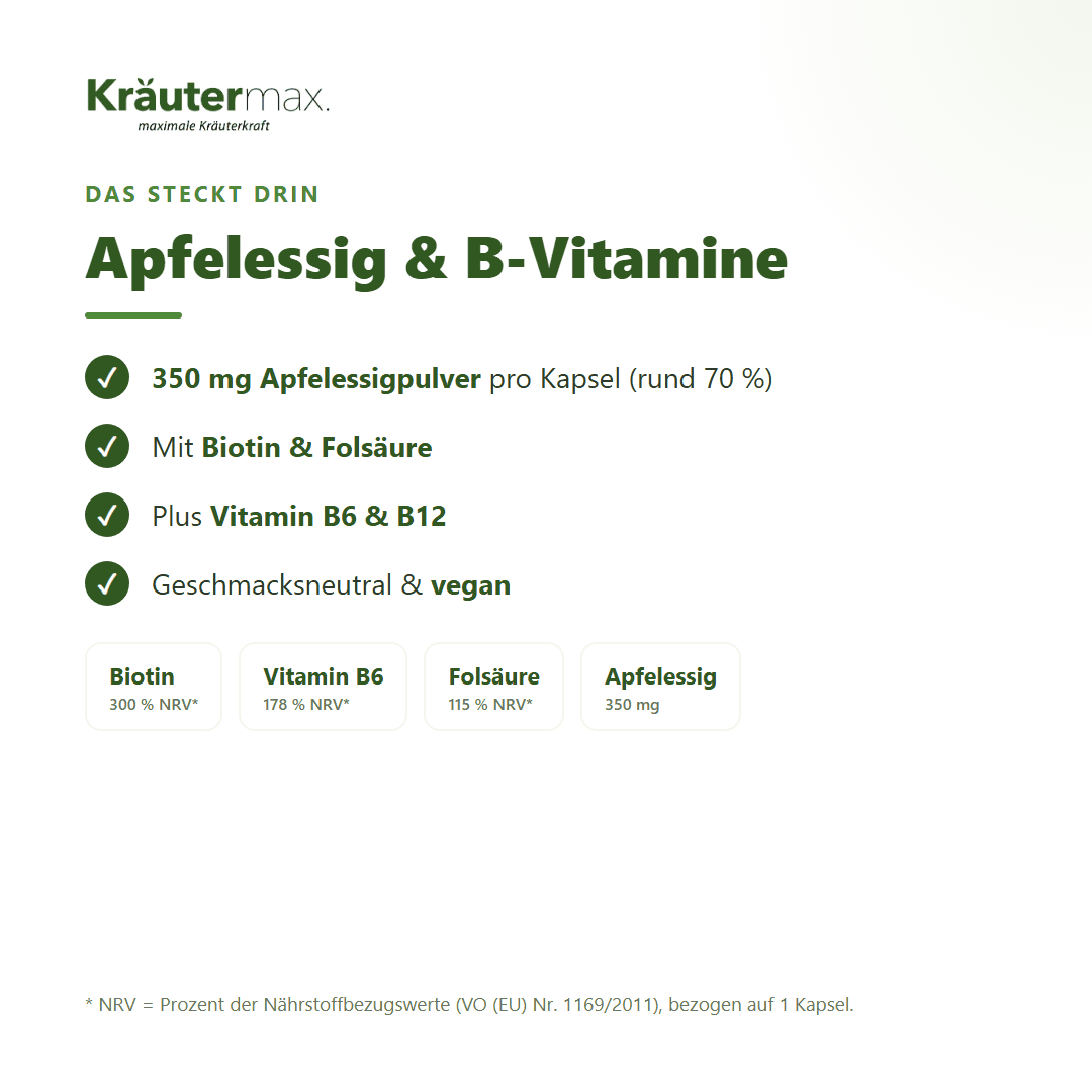Apfelessig Kapseln – 350 mg Apfelessigpulver mit Biotin, Folsäure, Vitamin B6 & B12