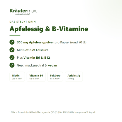 Apfelessig Kapseln – 350 mg Apfelessigpulver mit Biotin, Folsäure, Vitamin B6 & B12
