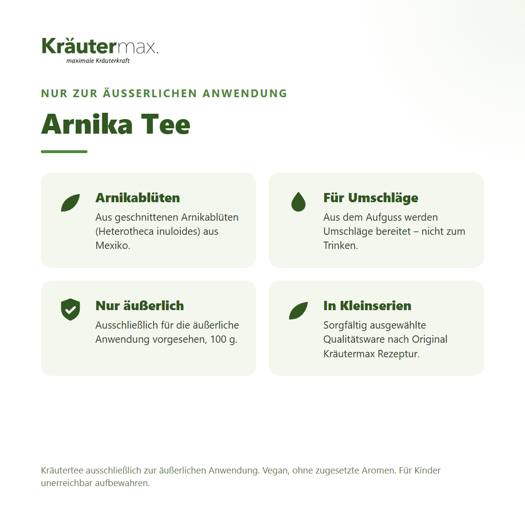 Arnika Tee von Kräutermax – geschnittene Arnikablüten (Heterotheca inuloides), nur zur äußerlichen Anwendung für Umschläge, 100 g