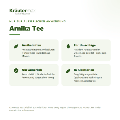 Arnika Tee von Kräutermax – geschnittene Arnikablüten (Heterotheca inuloides), nur zur äußerlichen Anwendung für Umschläge, 100 g