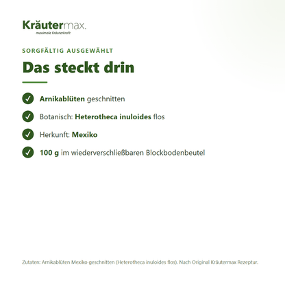 Zutaten des Arnika Tees: Arnikablüten aus Mexiko, geschnitten (Heterotheca inuloides flos) – nach Original Kräutermax Rezeptur